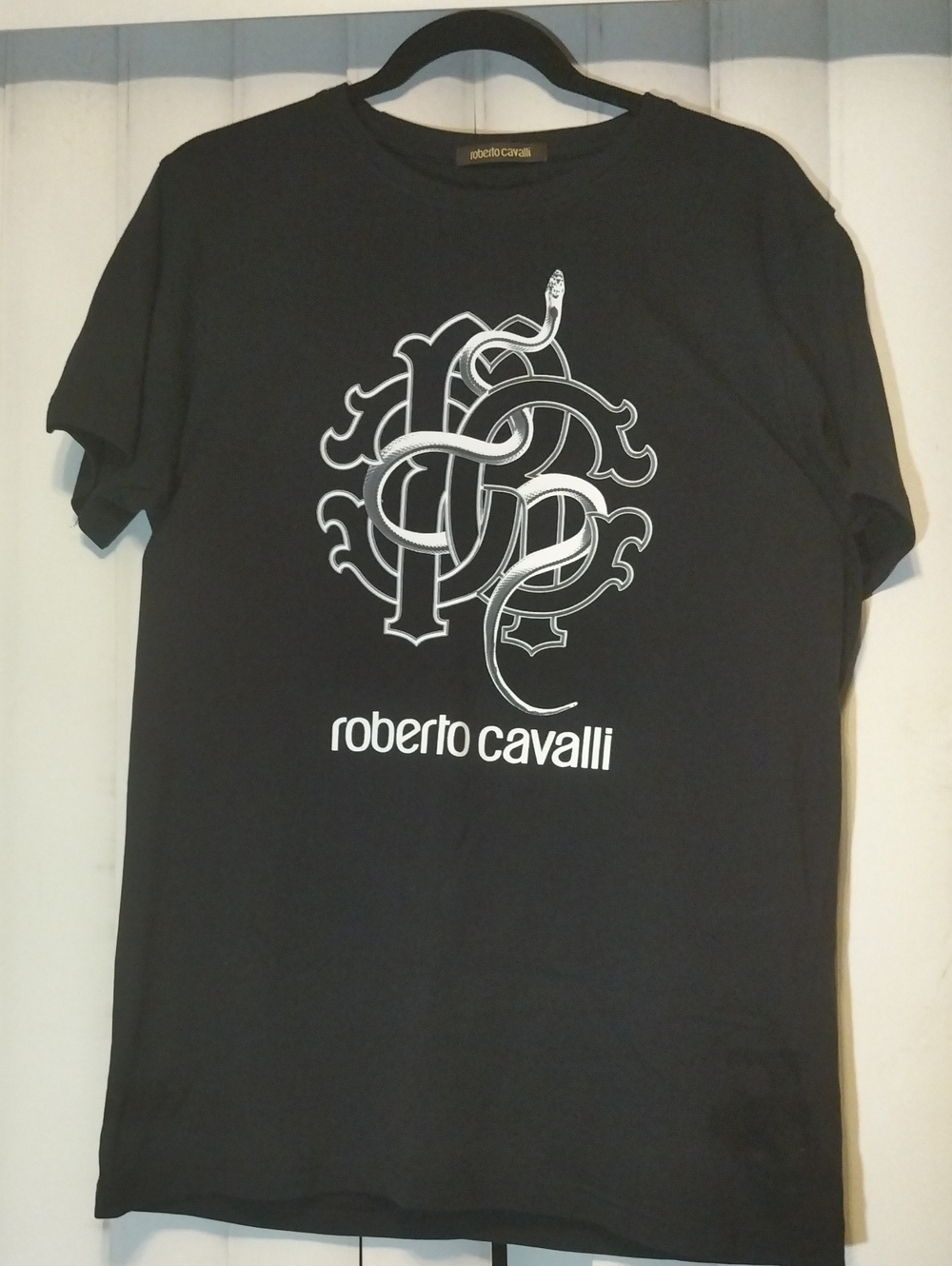Roberto Cavalli Black T-Shirt with White Snake Monogram